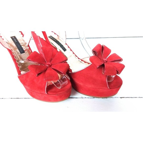 Red suede leather open toe platform wedge flower petal sandals - Picture 3 of 6